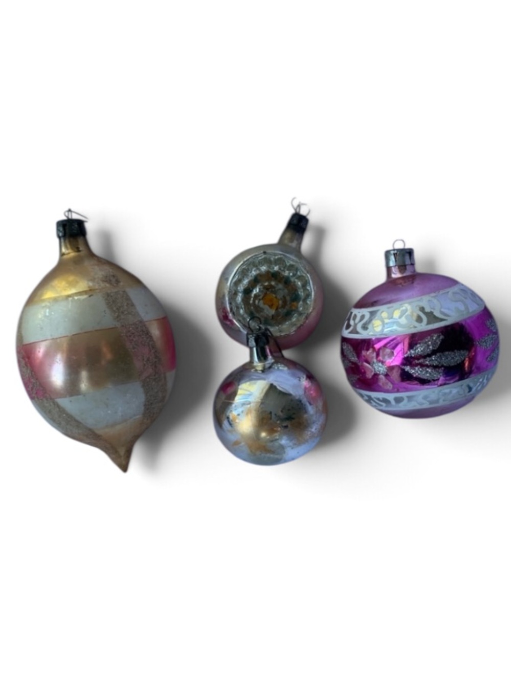 Vintage Glass Christmas Ornaments - Set of 4 Pink & Gold